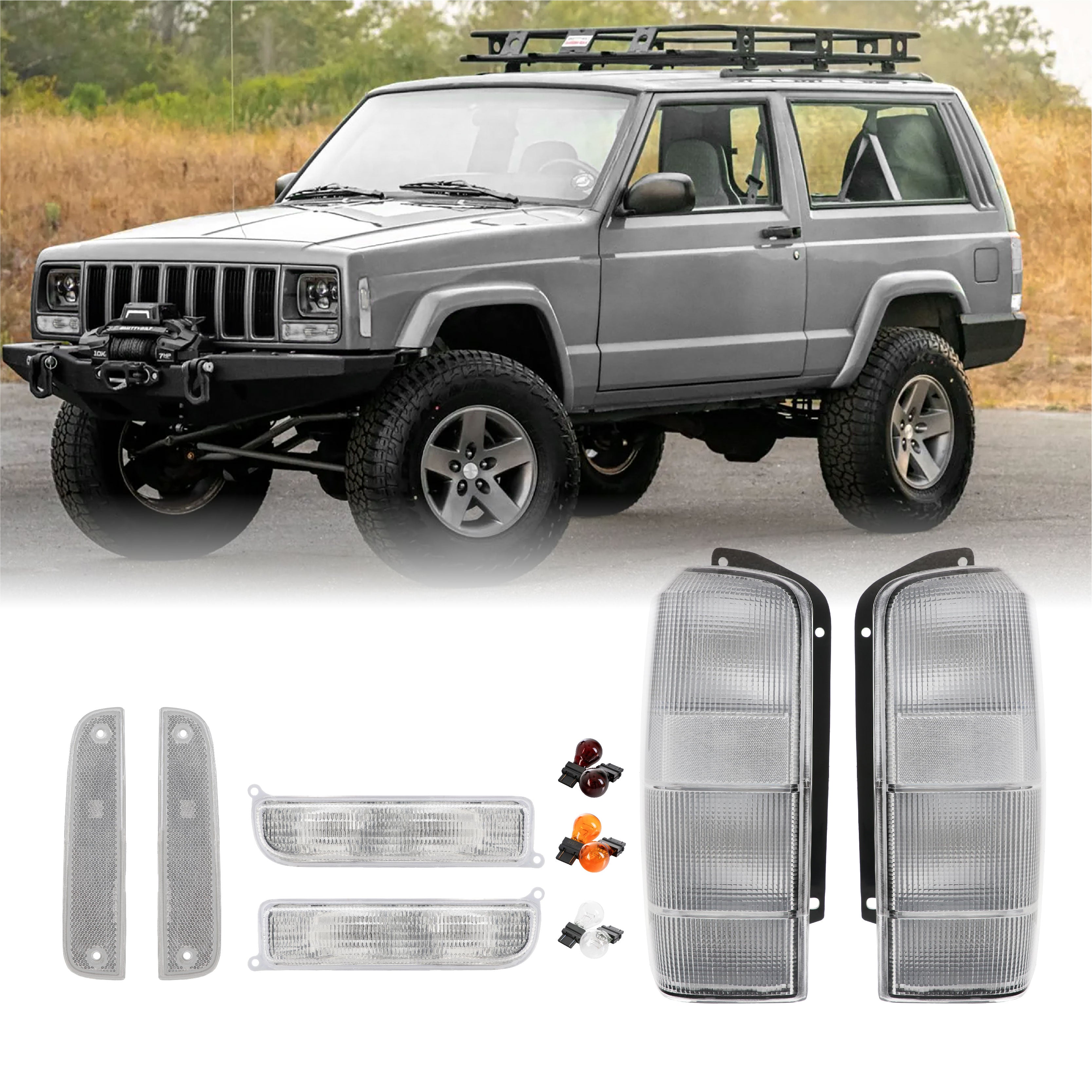 1997-2001 Jeep Cherokee XJ All Clear Tail Lights + Bumper Lights +