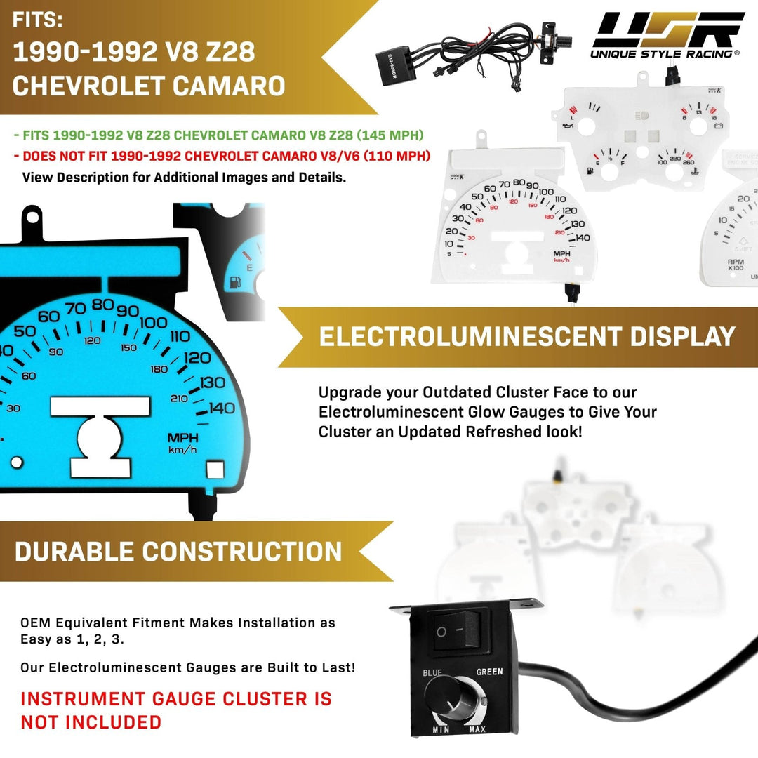1990 - 1992 Chevrolet Chevy Camaro White Gauge Face Blue/Green Glow for Instrument Cluster