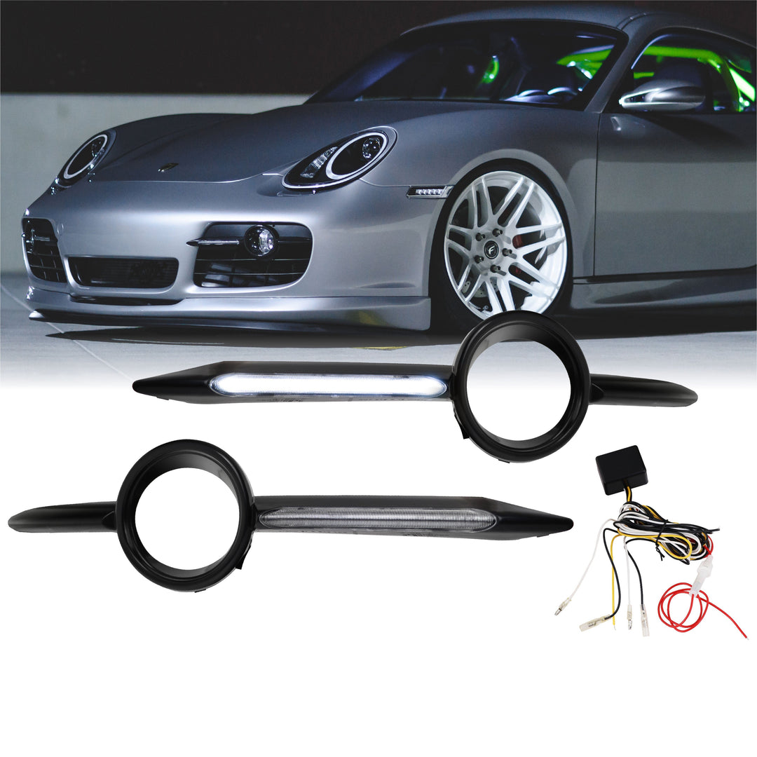 2006-2008 Porsche Cayman 987 LED 987.2 Facelift Style Front Bumper Daytime Running Lights Fog Bezel Trim