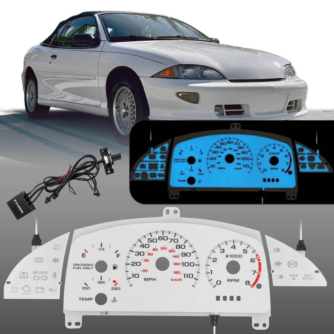 1995 - 1999 Chevy Chevrolet Cavalier with TACH/MT Cluster White Face Blue/Green Glow Gauge Face for Instrument Cluster