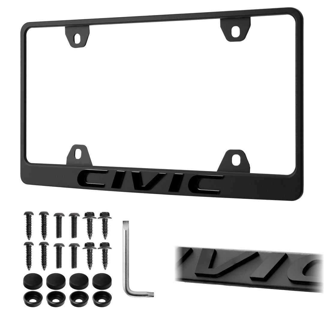 Honda Civic Stealth Black Powder Coat License Plate Frame with 3D Raised Letters