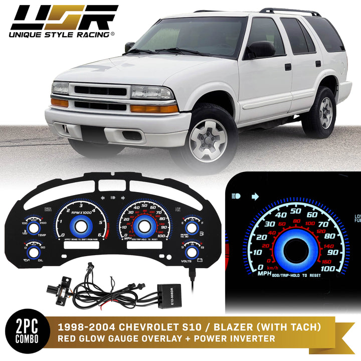 1998-2004 Chevrolet Chevy S10 & Blazer WITH Tach/RPM Black Gauge Face Blue Glow for Instrument Cluster