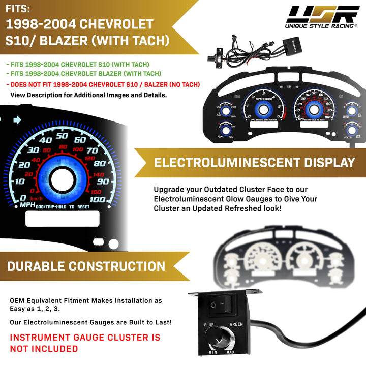 1998-2004 Chevrolet Chevy S10 & Blazer WITH Tach/RPM Black Gauge Face Blue Glow for Instrument Cluster