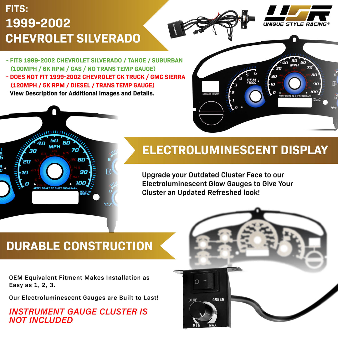 1999-2002 Chevrolet Chevy Silverado & Tahoe Black Gauge Face Blue Glow Gauge for Instrument Cluster