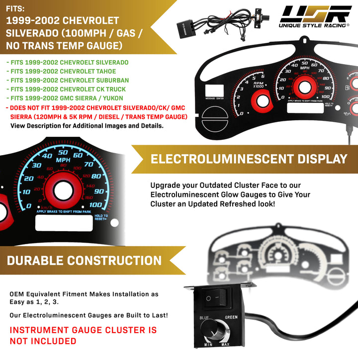 1999-2002 Chevrolet Chevy Silverado & Tahoe Black Gauge Face Red Glow Gauge for Instrument Cluster