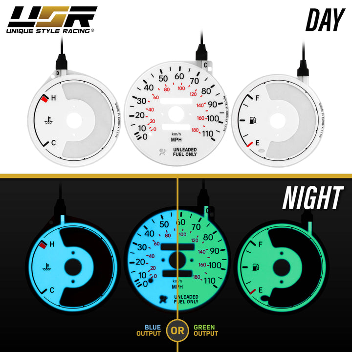 1993-1997 Toyota Corolla White Face Blue/Green Glow Gauge Face for Instrument Cluster