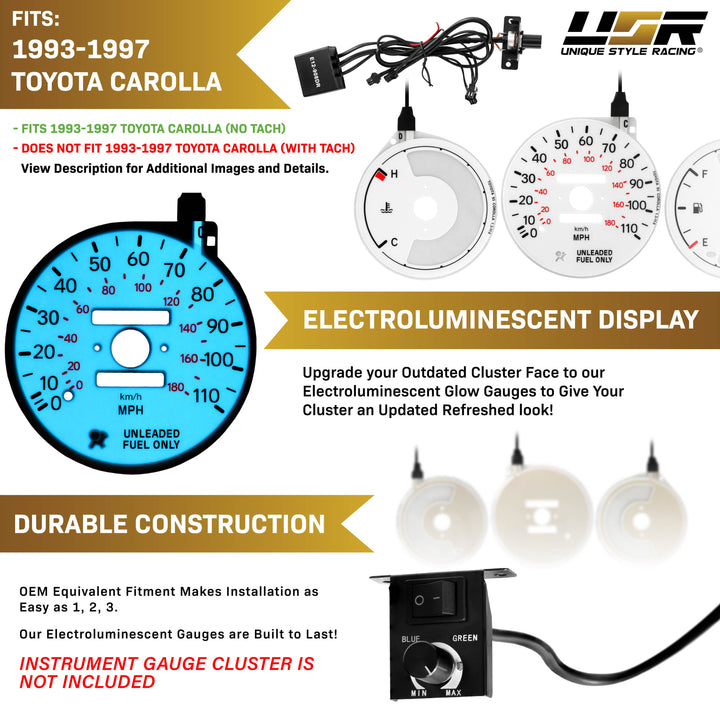 1993-1997 Toyota Corolla White Face Blue/Green Glow Gauge Face for Instrument Cluster