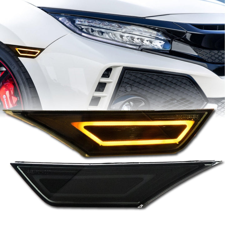 2016 - 2021 Honda Civic 10th Gen 991 Carrera Style Black or Chrome / Smoke Front Amber or White LED Bar Bumper Side Marker Lights