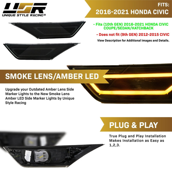 2016 - 2021 Honda Civic 10th Gen 991 Carrera Style Black or Chrome / Smoke Front Amber or White LED Bar Bumper Side Marker Lights