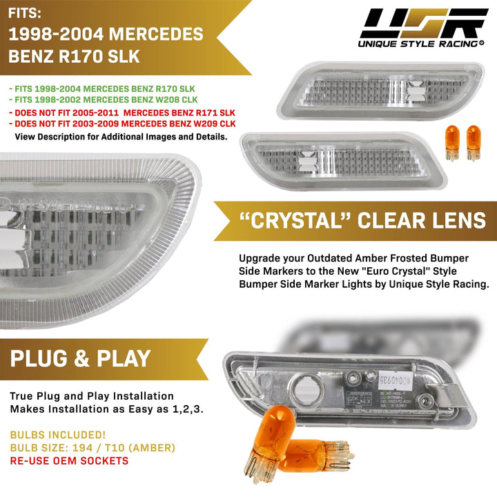 1998 - 2002 Mercedes CLK Class W208 Clear or Smoke Front Bumper Side Marker Light