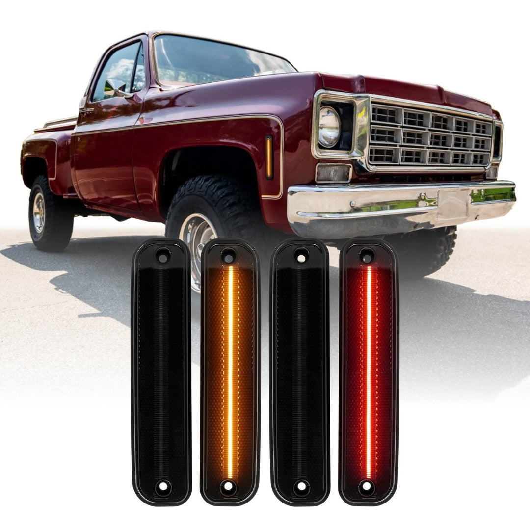 1975 - 1980 Chevrolet Chevy CK C/K Smoke or Clear Lens Front Amber + Rear Red LED 4 Piece Bumper Side Marker Light