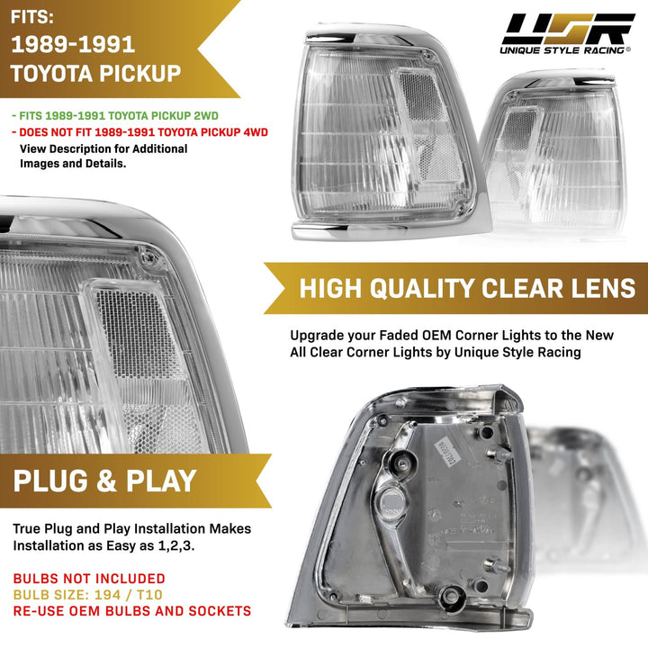 1989 - 1991 Toyota Pickup Truck 2WD All Clear Lens Front Corner Lights