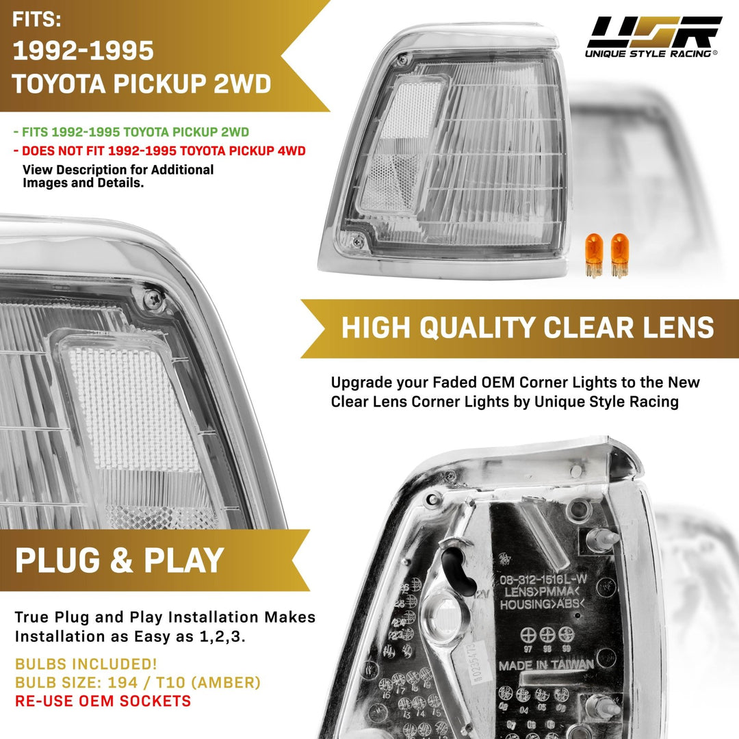 1992 - 1995 Toyota Pickup Truck 2WD All Clear Lens Front Corner Lights