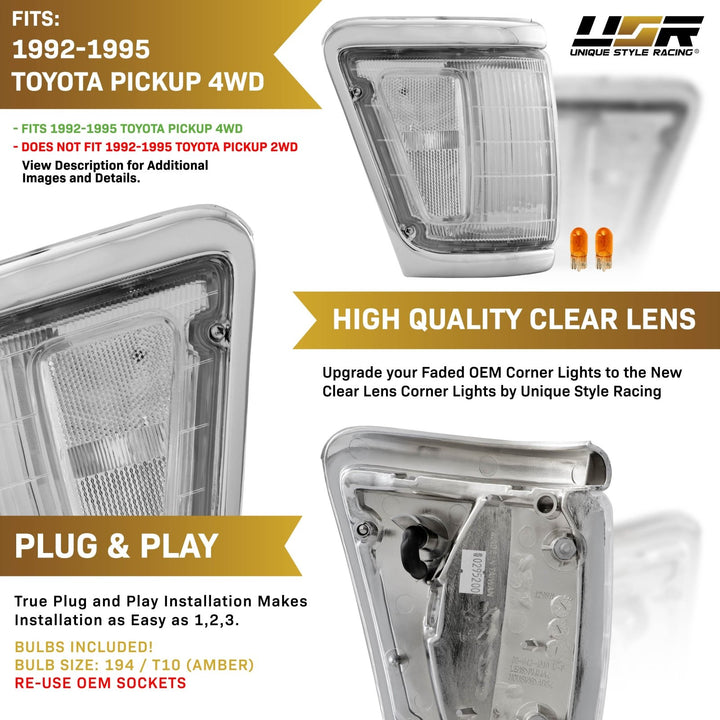 1992 - 1995 Toyota Pickup Truck 4WD All Clear Lens Front Corner Lights