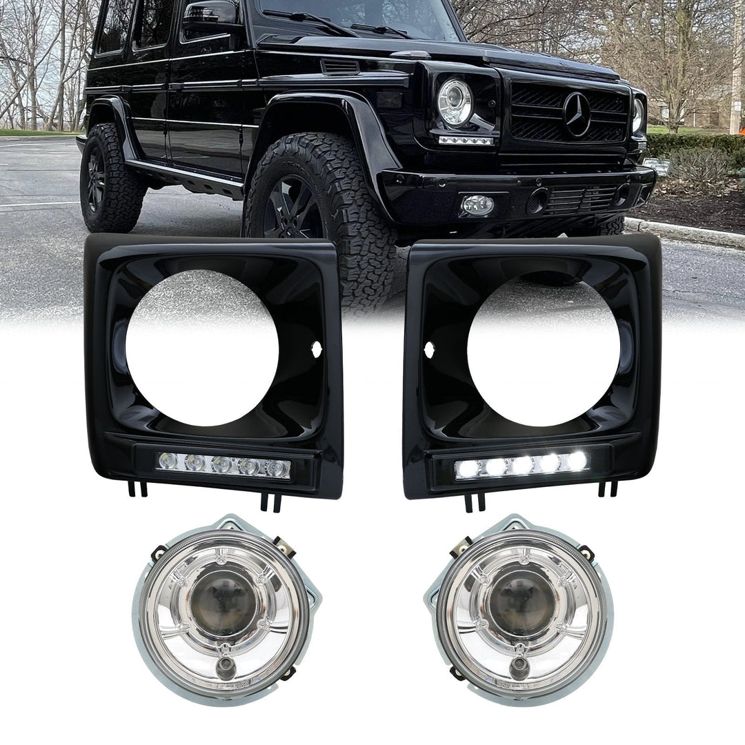 2002-2006 Mercedes Benz G Class Wagon W463 Facelift Style Glass Lens Projector Headlight + LED Painted Headlight Bezel - Made by DEPO / USR