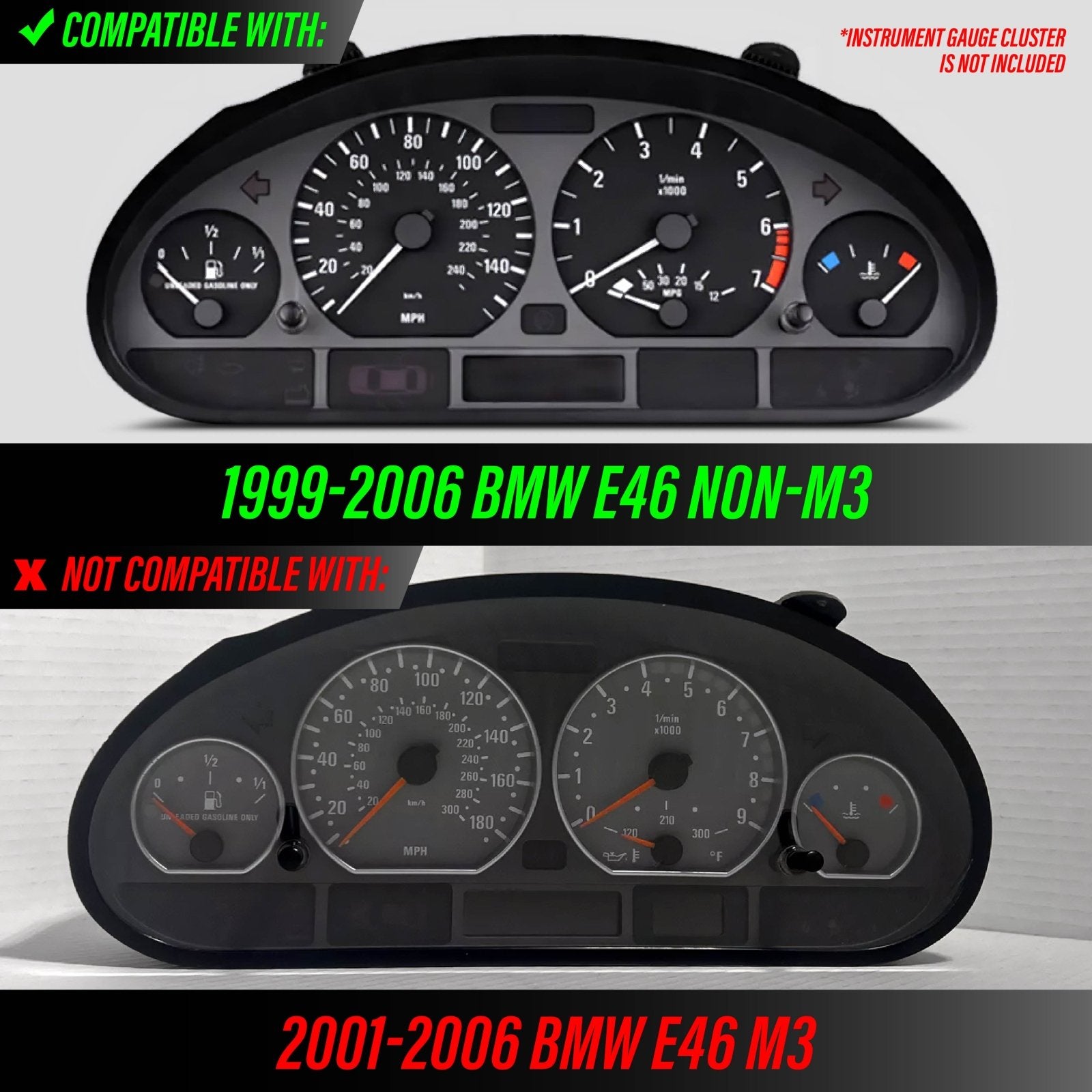 1992-2006 BMW E46 3 Series NonM3 Models E92 M3 Style Glow Gauge Face  Overlay Set - Unique Style Racing