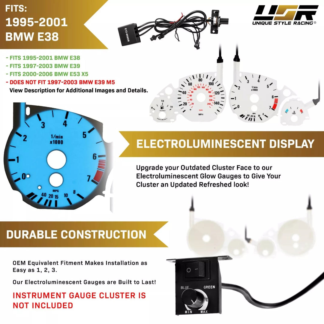 1997 - 2003 BMW E39 NON M5 5 Series & 1995 - 2001 BMW E38 7 Series & 2000 - 2006 BMW E53 X5 E92 M3 Style White Gauge Face Blue / Green Glow Overlay