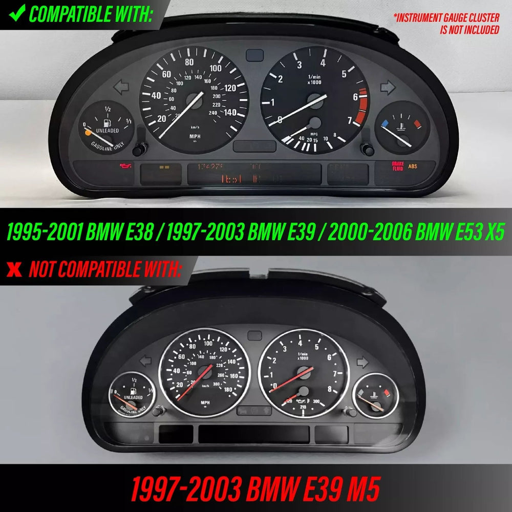 1997 - 2003 BMW E39 NON M5 5 Series & 1995 - 2001 BMW E38 7 Series & 2000 - 2006 BMW E53 X5 E92 M3 Style White Gauge Face Blue / Green Glow Overlay