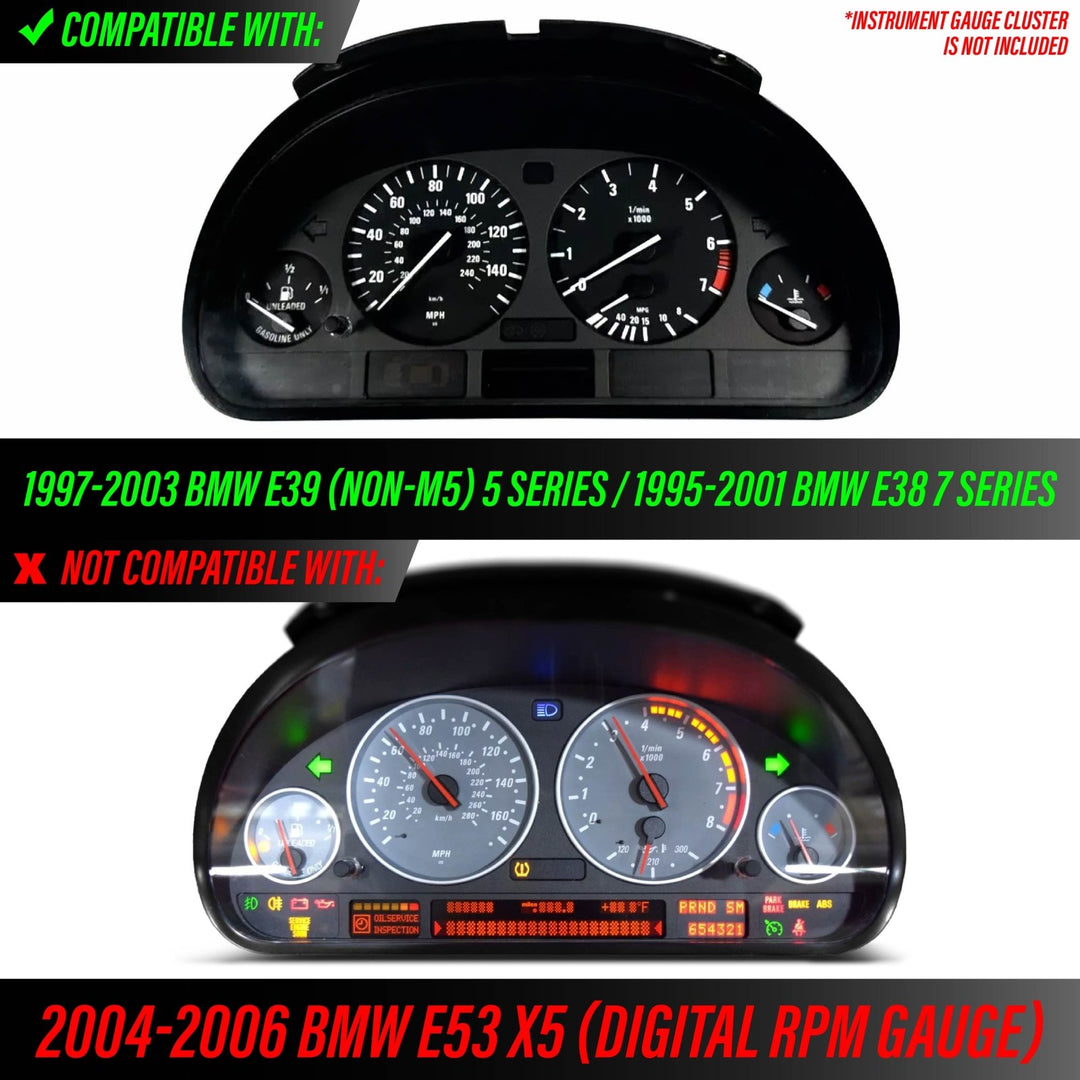 1997 - 2003 BMW E39 NON M5 5 Series & 1995 - 2001 BMW E38 7 Series & 2000 - 2006 BMW E53 X5 E92 M3 Style Black Gauge Face White Glow Overlay