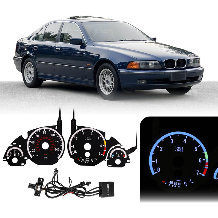 1997 - 2003 BMW E39 NON M5 5 Series & 1995 - 2001 BMW E38 7 Series & 2000 - 2006 BMW E53 X5 E92 M3 Style Black Gauge Face White Glow Overlay