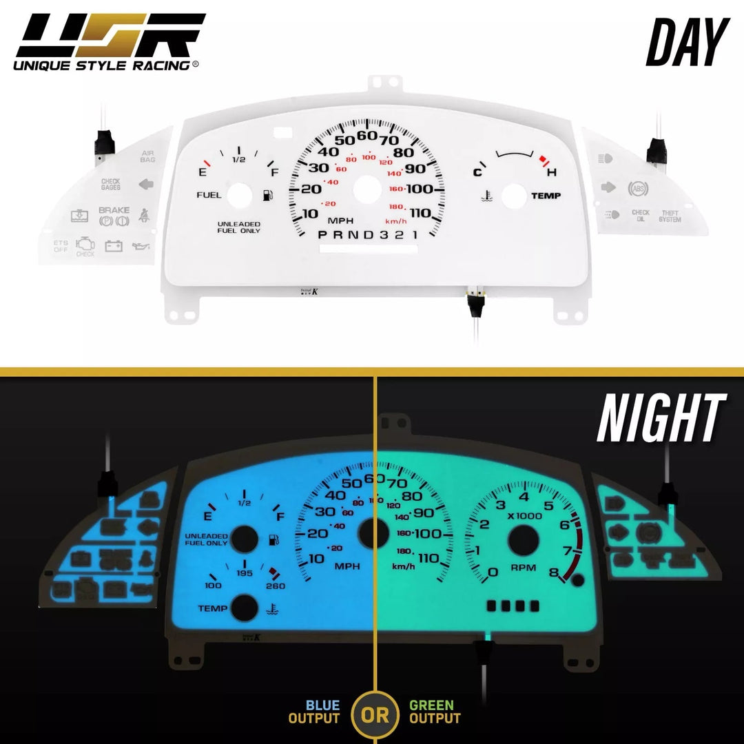 1995 - 1999 Chevrolet Chevy Cavalier White Face Blue/Green Glow Gauge Face for Instrument Cluster