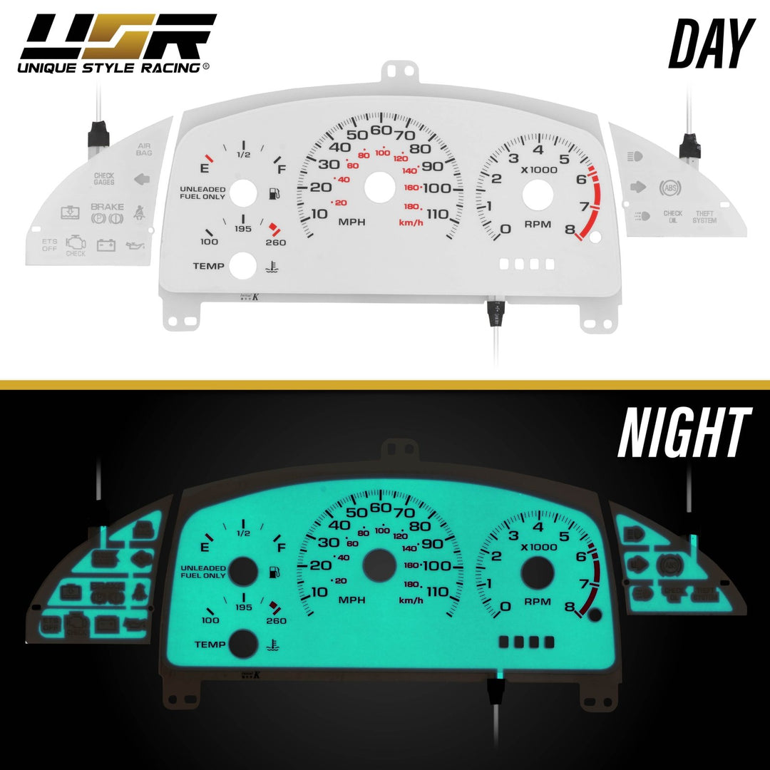 1995 - 1999 Chevy Chevrolet Cavalier with TACH/MT Cluster White Face Blue/Green Glow Gauge Face for Instrument Cluster