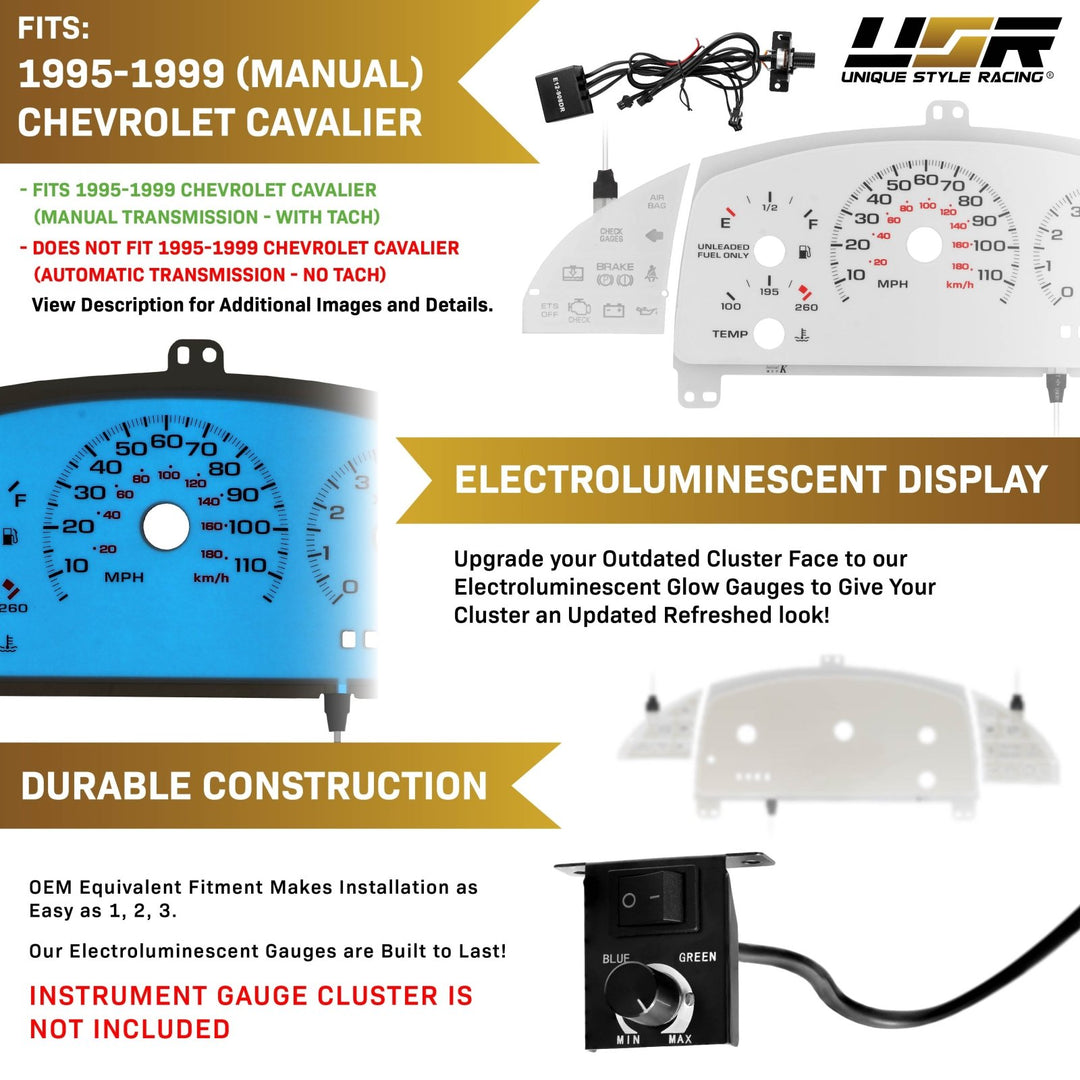 1995 - 1999 Chevy Chevrolet Cavalier with TACH/MT Cluster White Face Blue/Green Glow Gauge Face for Instrument Cluster