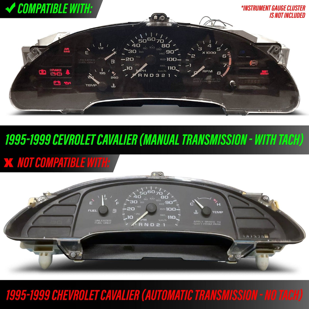 1995 - 1999 Chevy Chevrolet Cavalier with TACH/MT Cluster White Face Blue/Green Glow Gauge Face for Instrument Cluster