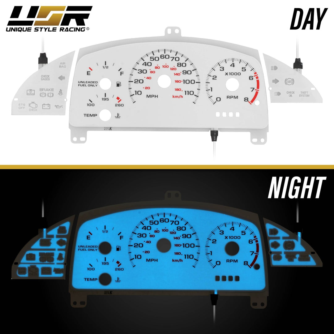 1995 - 1999 Chevy Chevrolet Cavalier with TACH/MT Cluster White Face Blue/Green Glow Gauge Face for Instrument Cluster