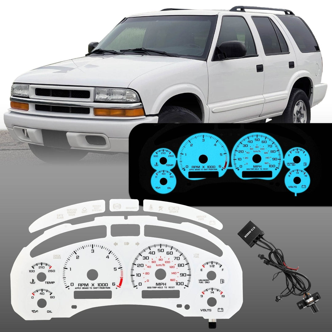 1998 - 2004 Chevrolet Chevy S10 WITH Tach/RPM White Face Blue/Green Glow Gauge Face for Instrument Cluster