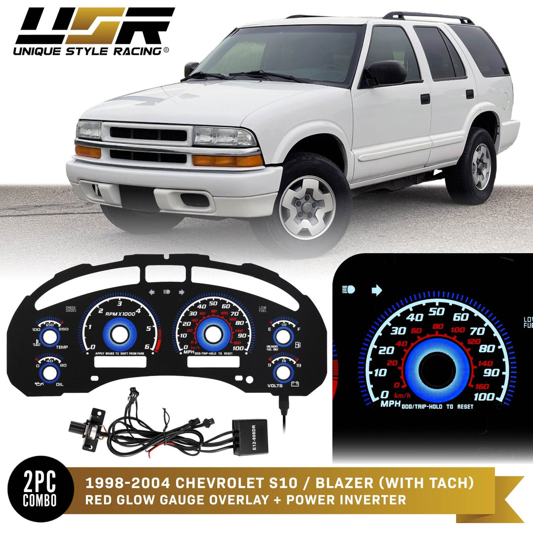 1998 - 2004 Chevrolet Chevy S10 & Blazer WITH Tach/RPM Black Gauge Face Blue Glow for Instrument Cluster