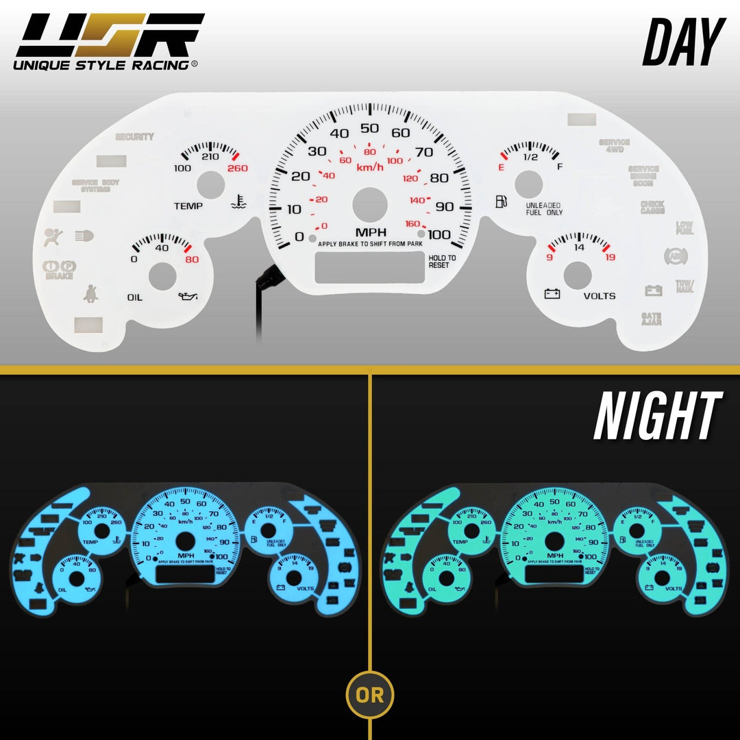 1998 - 2004 Chevrolet Chevy S10 WITH NO Tach/RPM Gauge White Face Blue/Green Glow Gauge Face for Instrument Cluster