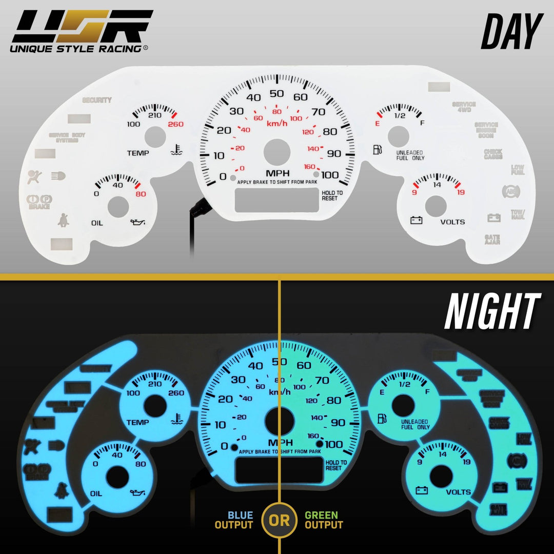 1998 - 2004 Chevrolet Chevy S10 WITH NO Tach/RPM Gauge White Face Blue/Green Glow Gauge Face for Instrument Cluster