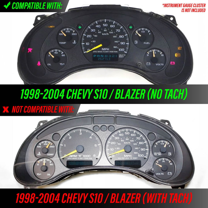 1998 - 2004 Chevrolet Chevy S10 WITH NO Tach/RPM Gauge White Face Blue/Green Glow Gauge Face for Instrument Cluster