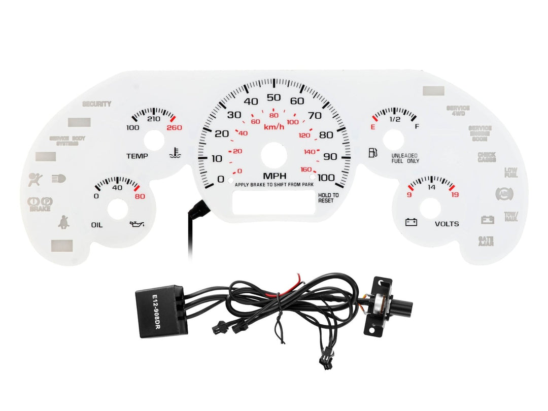 1998 - 2004 Chevrolet Chevy S10 WITH NO Tach/RPM Gauge White Face Blue/Green Glow Gauge Face for Instrument Cluster