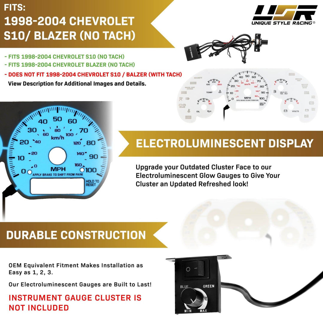 1998 - 2004 Chevrolet Chevy S10 WITH NO Tach/RPM Gauge White Face Blue/Green Glow Gauge Face for Instrument Cluster