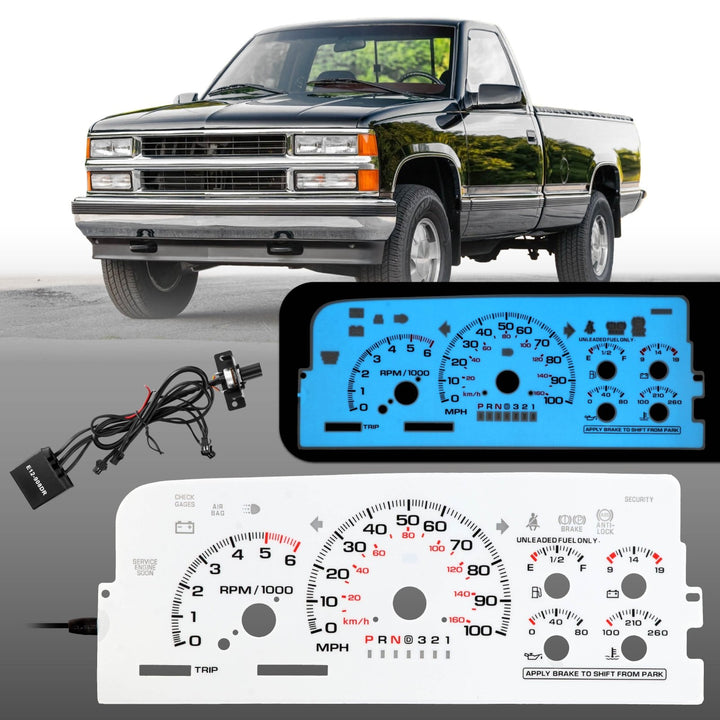 1996 - 1999 Chevrolet Chevy Silverado, Tahoe, Suburban, C/K Truck & 1996 - 1999 GMC Sierra, Yukon White Face Blue/Green Glow Gauge Face for Instrument Cluster