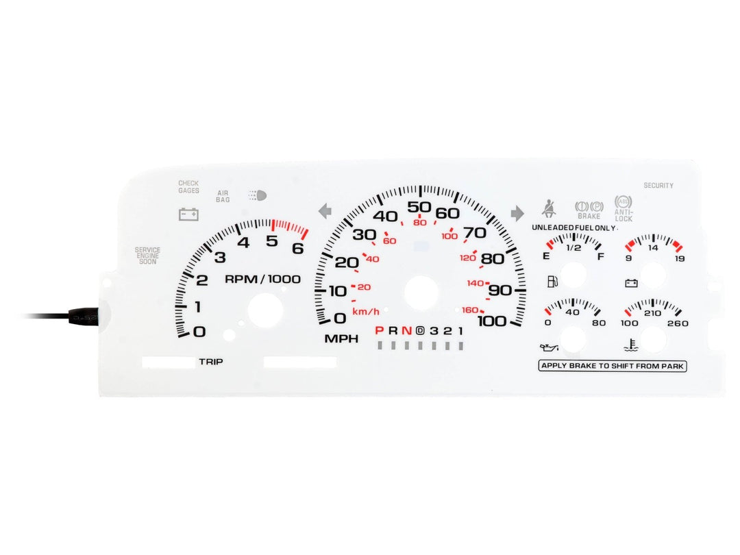 1996 - 1999 Chevrolet Chevy Silverado, Tahoe, Suburban, C/K Truck & 1996 - 1999 GMC Sierra, Yukon White Face Blue/Green Glow Gauge Face for Instrument Cluster