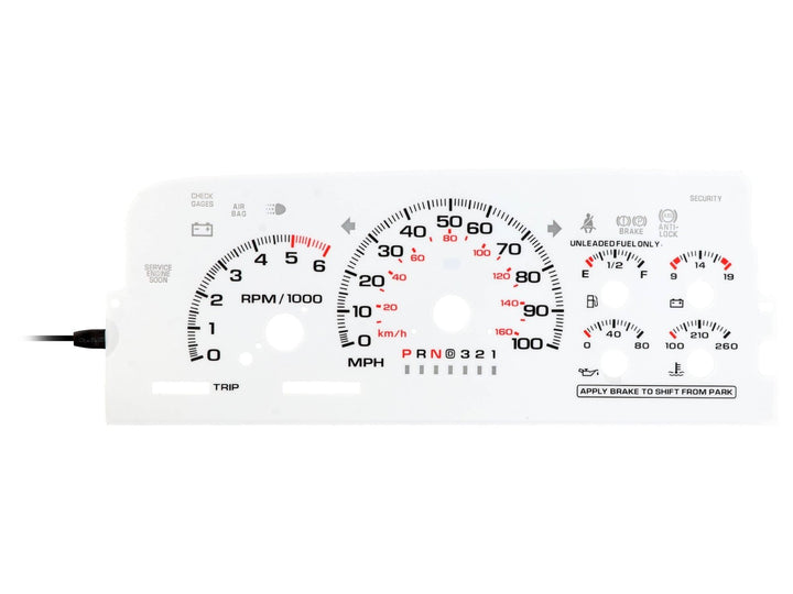 1996 - 1999 Chevrolet Chevy Silverado, Tahoe, Suburban, C/K Truck & 1996 - 1999 GMC Sierra, Yukon White Face Blue/Green Glow Gauge Face for Instrument Cluster