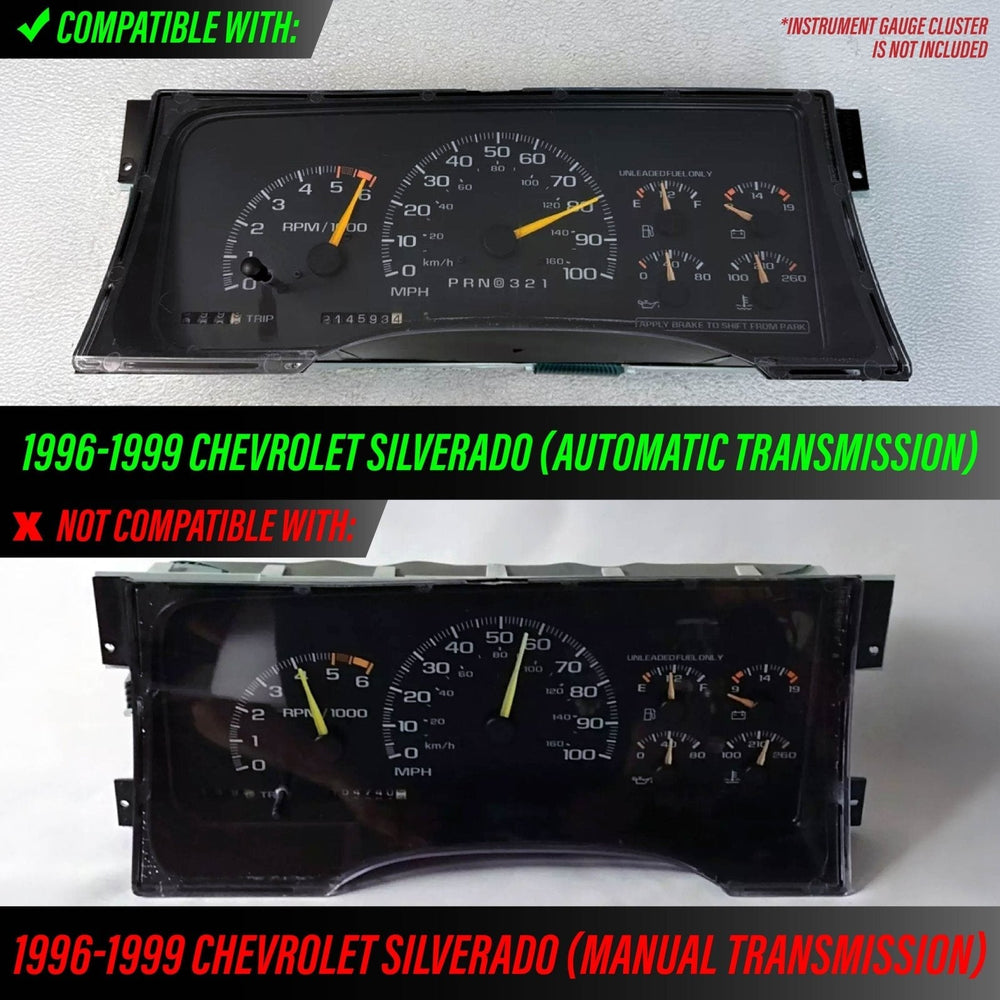 1996 - 1999 Chevrolet Chevy Silverado, Tahoe, Suburban, C/K Truck & 1996 - 1999 GMC Sierra, Yukon White Face Blue/Green Glow Gauge Face for Instrument Cluster