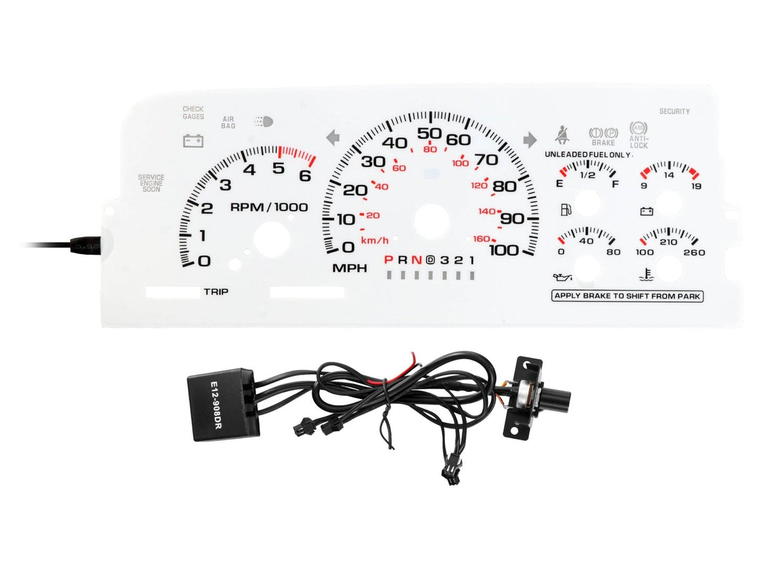 1996 - 1999 Chevrolet Chevy Silverado, Tahoe, Suburban, C/K Truck & 1996 - 1999 GMC Sierra, Yukon White Face Blue/Green Glow Gauge Face for Instrument Cluster