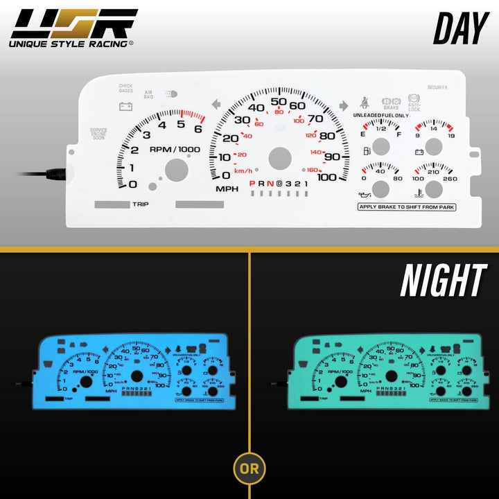 1996 - 1999 Chevrolet Chevy Silverado, Tahoe, Suburban, C/K Truck & 1996 - 1999 GMC Sierra, Yukon White Face Blue/Green Glow Gauge Face for Instrument Cluster