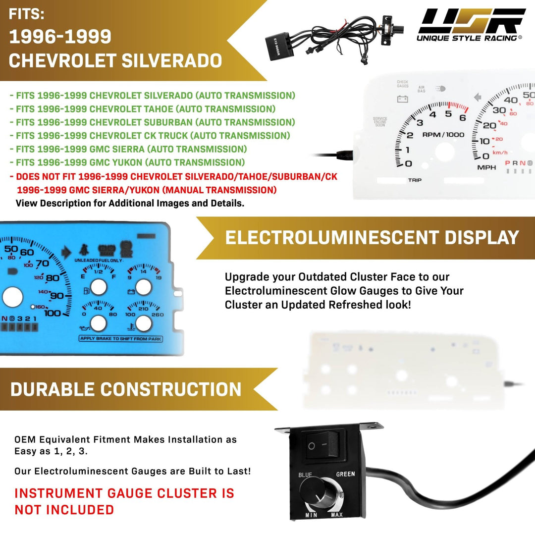 1996 - 1999 Chevrolet Chevy Silverado, Tahoe, Suburban, C/K Truck & 1996 - 1999 GMC Sierra, Yukon White Face Blue/Green Glow Gauge Face for Instrument Cluster