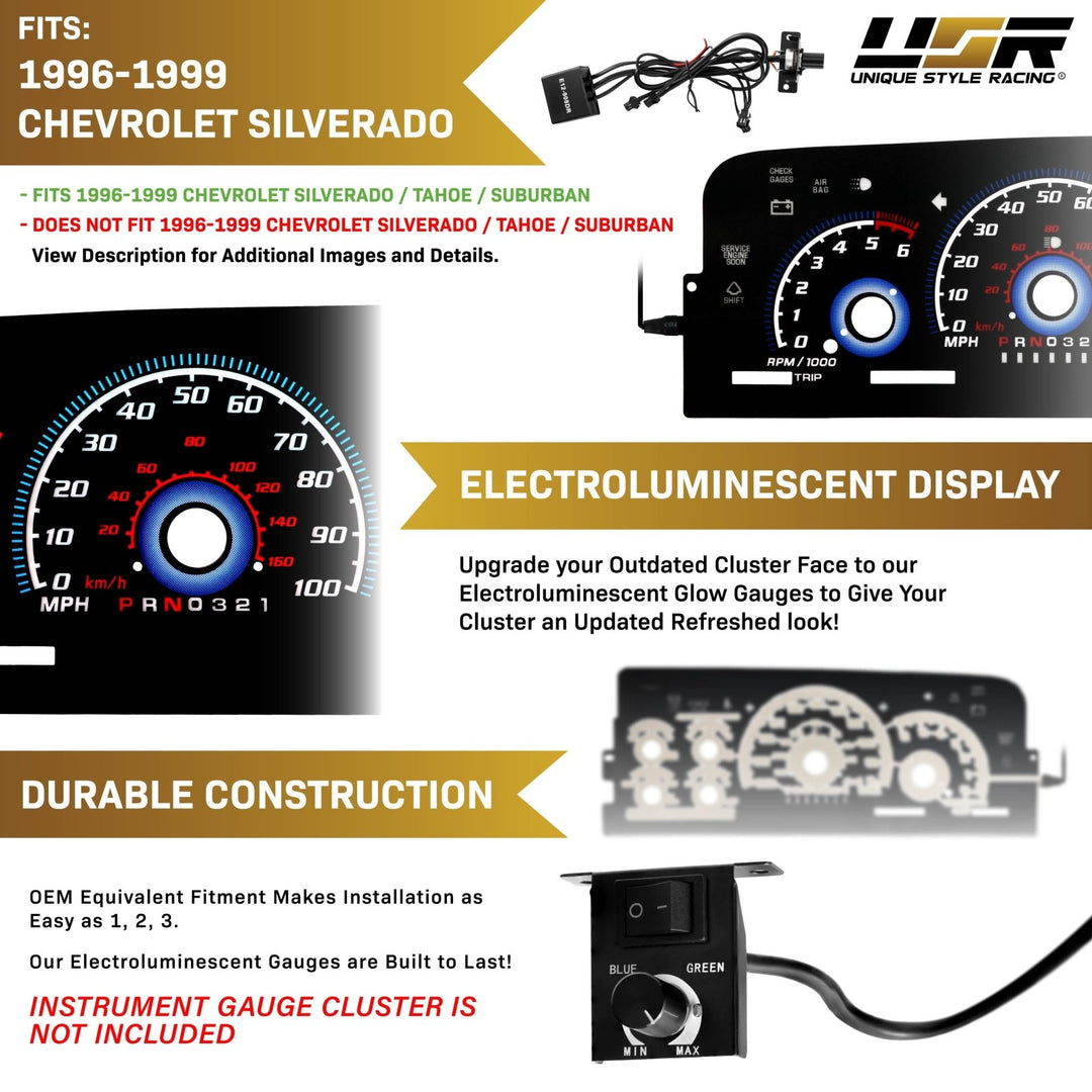 1996 - 1999 Chevrolet Chevy Tahoe, Suburban & C/K Truck Black Gauge Face Blue Glow Gauge Face for Instrument Cluster