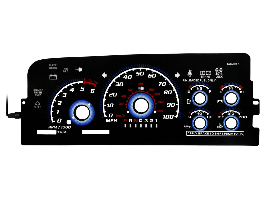 1996 - 1999 Chevrolet Chevy Tahoe, Suburban & C/K Truck Black Gauge Face Blue Glow Gauge Face for Instrument Cluster