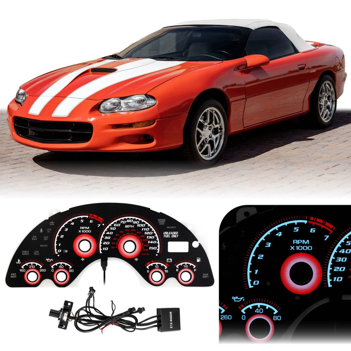 1997 - 2002 Chevrolet Chevy Camaro V8 Black Gauge Face Red Glow Gauge for Instrument Cluster