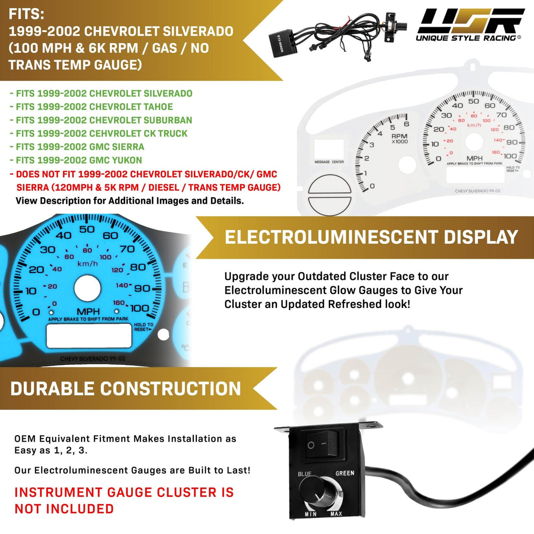 1999 - 2002 Chevrolet Chevy Silverado & Suburban White Gauge Face Blue/Green Glow Gauge for Instrument Cluster