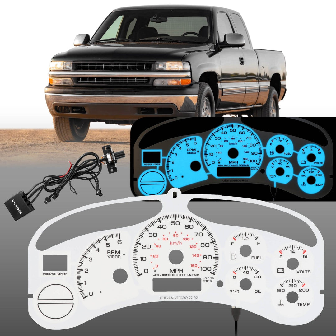 1999 - 2002 Chevrolet Chevy Silverado & Suburban White Gauge Face Blue/Green Glow Gauge for Instrument Cluster