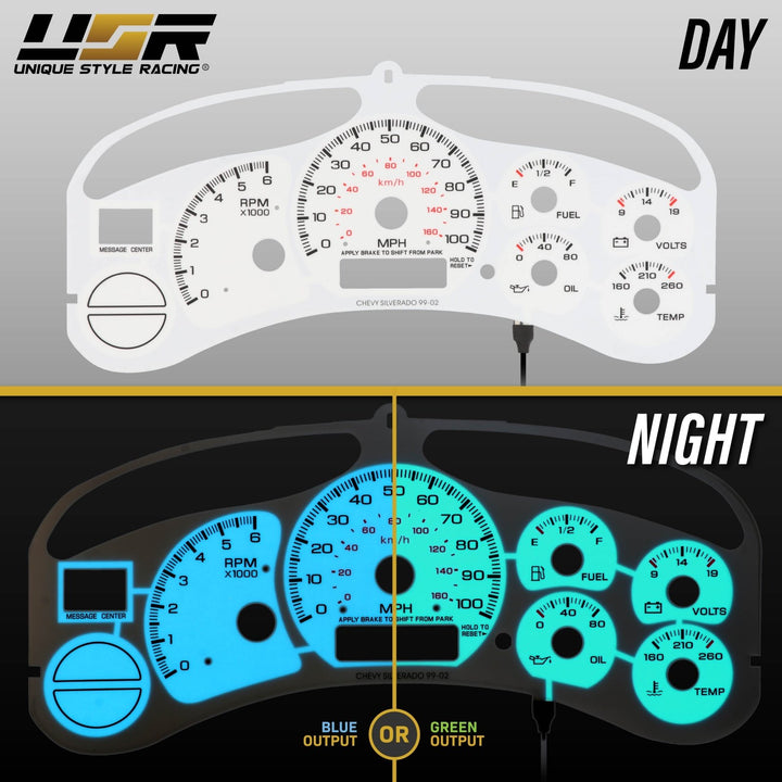 1999 - 2002 Chevrolet Chevy Silverado & Suburban White Gauge Face Blue/Green Glow Gauge for Instrument Cluster