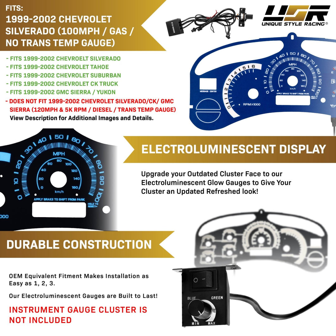 1999 - 2002 Chevrolet Chevy Silverado & Tahoe Blue Gauge Face Blue Glow Gauge for Instrument Cluster